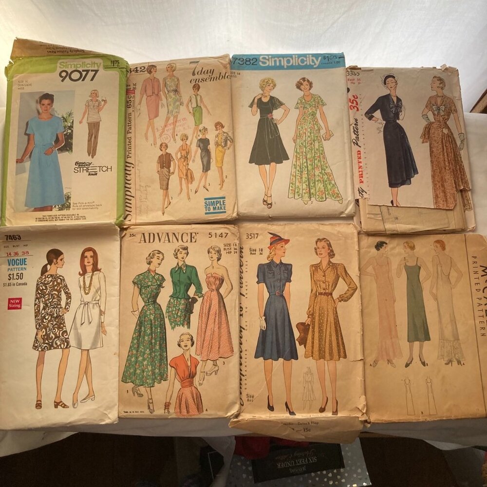 Lot of 8 rare vintage dress patterns for 36" bust. 1930s, 1940s, 1960s, 1970s